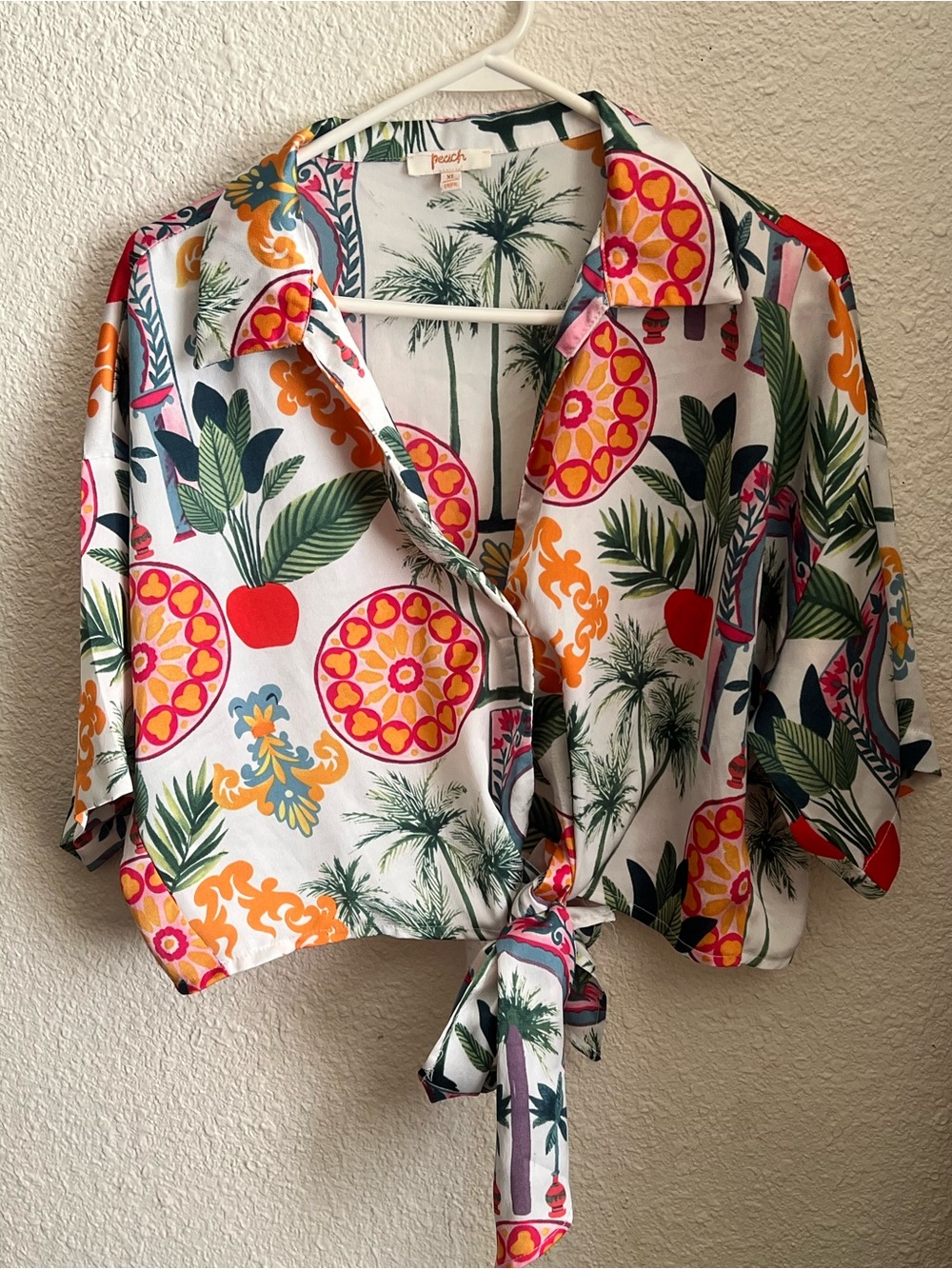 Tropical Print Tie-Front Crop Shirt in White, Orange & Green